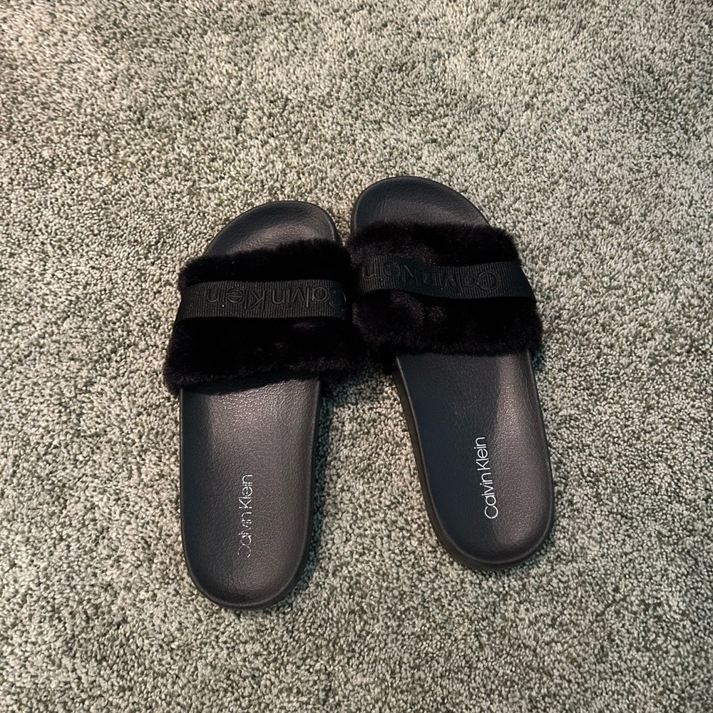 Calvin Klein Black Fur Slide Sandals